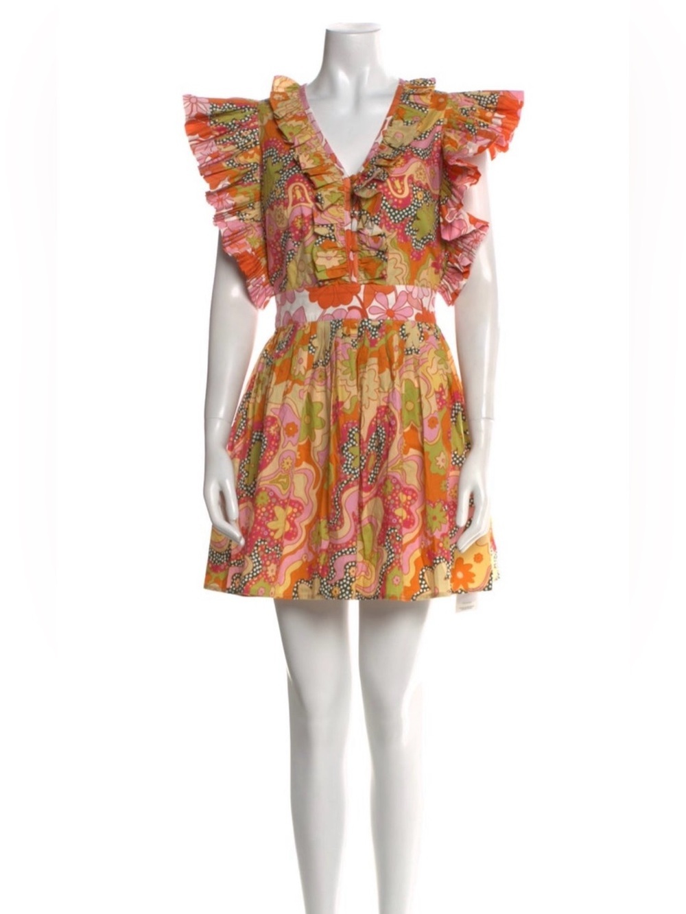 Celia B Printed Mini Dress XS Ruffle Sleeve Colorful Boho Resort - Picture 3 of 9